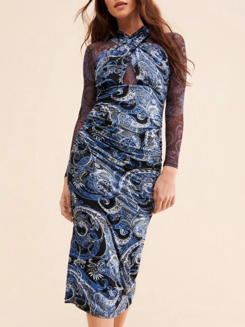 Blue Paisley Long-Sleeve Twist-Front Midi Dress Indie Sleeze Sheer
